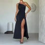 Spaghetti Strap One Shoulder Plain Ruched Slit Maxi A-Line Dress