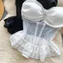 Detachable Strap Plain Rhinestone Peplum Panel Mesh Bustier Top