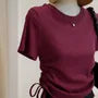 Short-Sleeve Crew Neck Plain Lace Up T-Shirt