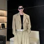 Set: Notch Lapel Plain Cropped Single-Button Blazer + Mid Rise Inverted Pleated Wide Leg Pants