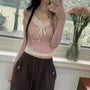 Long-Sleeve Halter Neck Mock Two-Piece Two Tone Lace Panel Slim Fit Crop Top