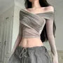 Long-Sleeve Off Shoulder Wrapped Mesh Crop Top