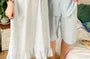 Couple Matching Short-Sleeve V-Neck Striped Lace Panel Midi Pajama Dress / Elbow-Sleeve Lapel Collar Button-Up Top / Shorts / Set