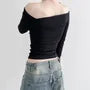 Long Sleeve Off-Shoulder Plain Slim-Fit Top