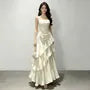 Spaghetti Strap Plain Ruched Ruffle Trim Maxi A-Line Dress
