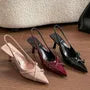 Kitten Heel Pointed Toe Plain Buckled Patent Leather Slingback Sandals