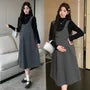 Maternity Long Sleeve Mock Neck Plain Top / Dotted Midi A-Line Overall Dress / Set