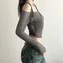 Long Sleeve Tie-Strap Off-Shoulder Plain Mesh Crop Top
