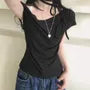 Short-Sleeve Halter Neck Off-Shoulder Dotted Slim Fit Crop Tee