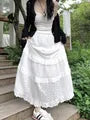 High Waist Plain Eyelet Lace Panel Tiered Maxi A-Line Skirt