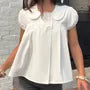 Short-Sleeve Peter Pan Collar Double Breasted Plain Crop Blouse