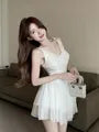 Spaghetti Strap V-Neck Plain Lace Ruffle Trim Mini A-Line Dress