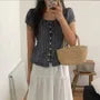 Short Sleeve Scoop Neck Plaid Frill Blouse