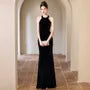 S - Sleeveless Halter Neck Plain Velvet Maxi Sheath Dress