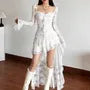 Long Sleeve Sweetheart Neck Plain Ruffle High-Low Lace A-Line Dress
