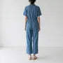 Short-Sleeve Button-Up Drawstring Denim Jumpsuit