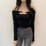 Set: Long-Sleeve Shrug + Halter Neck Plain Crop Top