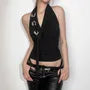 Halter Cowl Neck Plain Grommet Open Back Slim Fit Crop Top