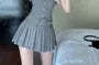 Strapless Two-Tone Buttoned Tube Top / High Waist Pleated Mini A-Line Skirt / Double-Breasted Chained Crop Blazer / Set
