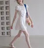 Short Puff Sleeve Tie-Front Plain Pointelle A-Line Dress (Various Designs)