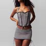 Halter Plaid Panel Lace Trim Top / Mid Waist Drawstring Mini Pencil Skirt