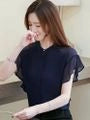 Flutter Sleeve Band Collar Plain Chiffon Shirt