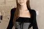 Set: Striped Bow Swimsuit + Plain Cover Up Jacket