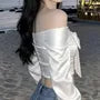 Long-Sleeve Off Shoulder Plain Bow Detail Crop Blouse