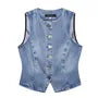 Round Neck Washed Button Denim Vest / High Waist Wide Leg Jeans