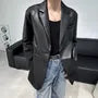 Notch Lapel Plain Faux Leather Panel One-Buttoned Blazer