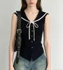 Sleeveless Sailor Collar Tie Neck Button-Up Slim-Fit Knit Top
