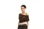 Mock Two-Piece Short-Sleeve Halter Neck Off-Shoulder Two Tone Grommet Crop T-Shirt