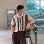 Elbow-Sleeve Drop Shoulder Striped Knit Polo Shirt