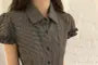 Short-Sleeve Collared Plaid Ruffle Trim Button Up Shirt