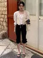 Mid Rise Plain Ruffle Drawstring Skinny Pedal Pusher Pants