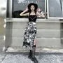 High Rise Tie Dye Chain Accent Slit Midi Pencil Skirt