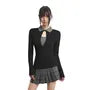 Long Sleeve Collared Two Tone Mock Two Piece Keyhole Top / Mid Waist Plaid Pleated Mini A-Line Skirt