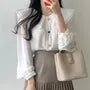 Long-Sleeve Layered Collar Plain Heart Button Blouse / High Waist Plain Accordion Pleated Mini A-Line Skirt