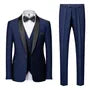 Set: Shawl Lapel Two Tone Single Breasted Blazer + V-Neck Button Vest + Mid Rise Plain Straight Leg Dress Pants