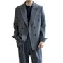 Lapel Collar Pinstriped Double Breasted Blazer / Mid Rise Wide Leg Dress Pants