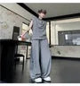 Set: Sleeveless Band Collar Plain T-Shirt + Drawstring Waist Plain Baggy Sweatpants