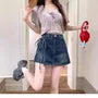 High Waist Asymmetrical Washed Denim Mini A-Line Skort
