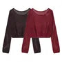 Long-Sleeve Boatneck Perforated Plain Knit Top