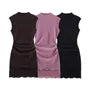 Sleeveless Mock Neck Plain Ruched Panel Lace Mini A-Line Dress