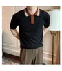 Short-Sleeve Striped Collar Knit Polo Top