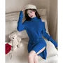 Set: Sleeveless Mock Neck Plain Sheath Knit Dress + Long-Sleeve Ribbed Knit Top