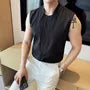 Sleeveless Collared Plain Textured Button Up Shirt