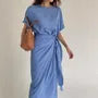 Short Sleeve Round Neck Plain Tie-Waist Midi Dress