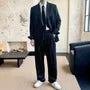 Lapel Collar Pinstriped Double Breasted Blazer / Mid Rise Wide Leg Dress Pants