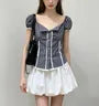 Puff Sleeve Square-Neck Lace Panel Gingham Slim-Fit Blouse